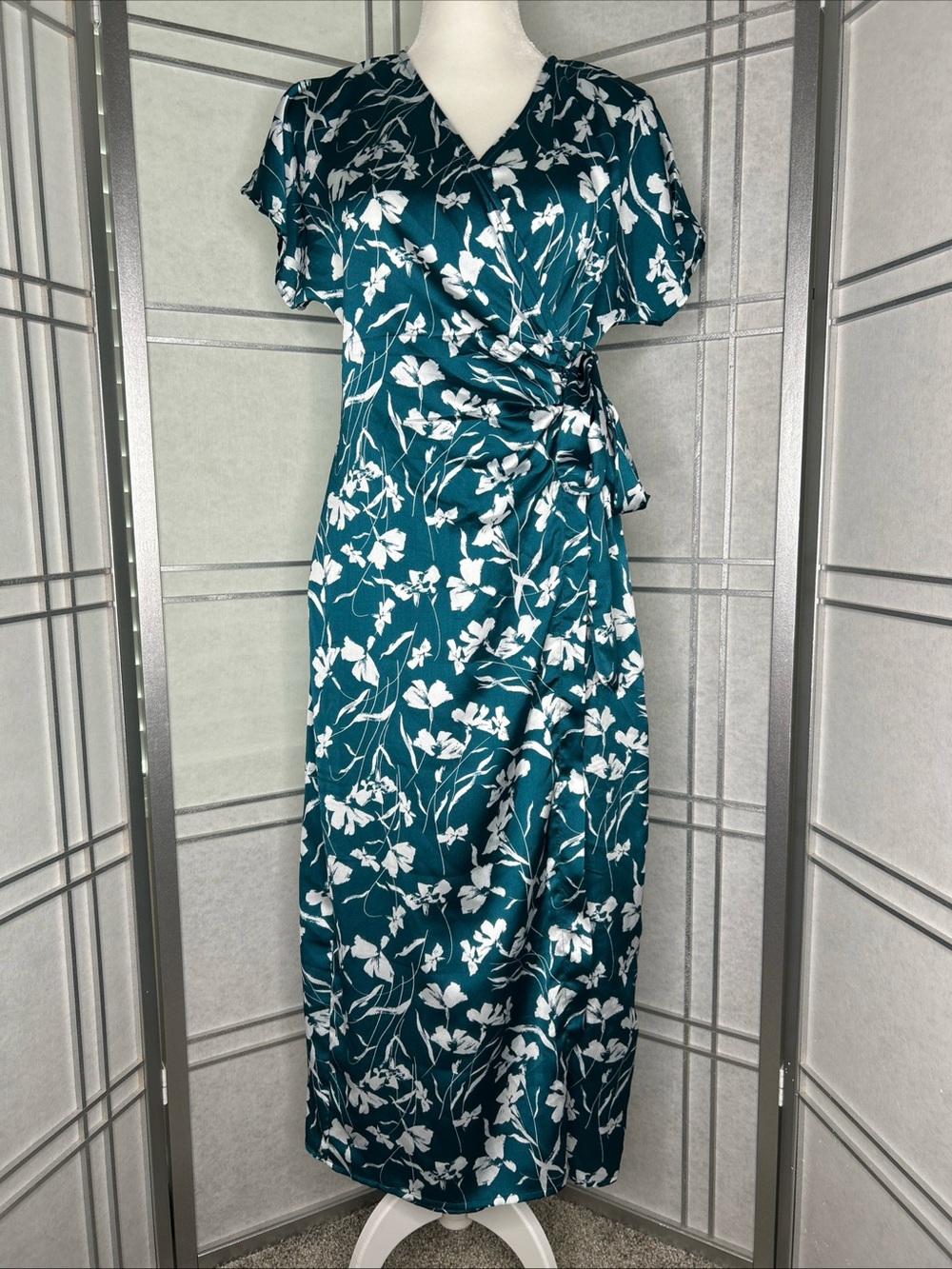 Joie de Vivre Women’s Floral Print Wrap Dress Size XL teal White Short Sleeve